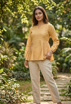 Lorenvalley Fashion Yellow Linen Cotton Top Bottom Set | Grocsy