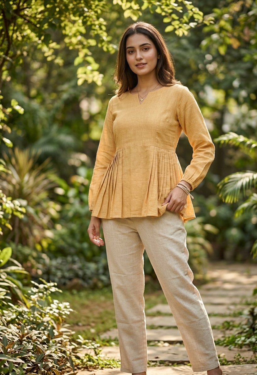 Lorenvalley Fashion Yellow Linen Cotton Top Bottom Set | Grocsy
