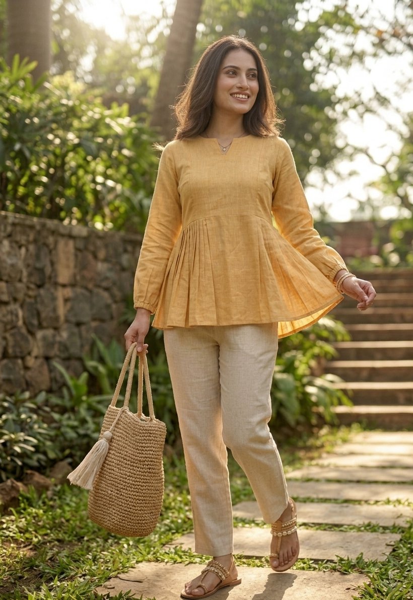 Lorenvalley Fashion Yellow Linen Cotton Top Bottom Set | Grocsy