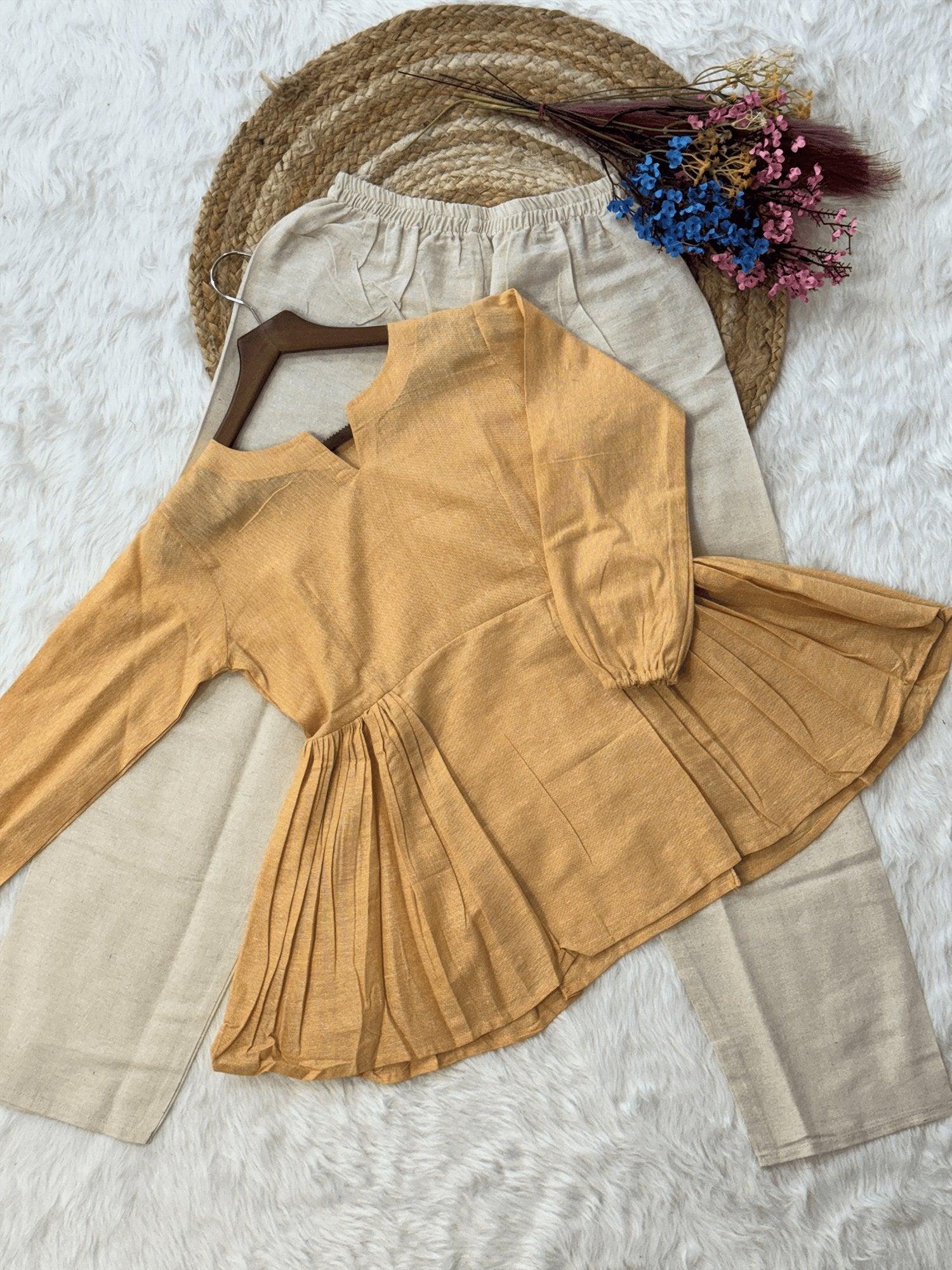 Lorenvalley Fashion Yellow Linen Cotton Top Bottom Set | Grocsy