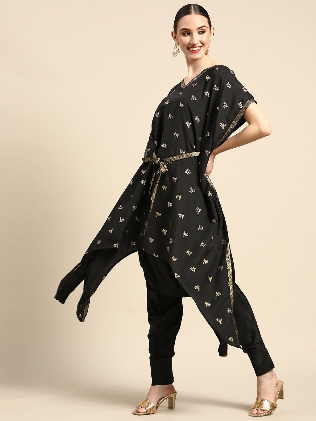 Sangria Women Black & Golden Ethnic Motifs Printed Kurta with Harem Pants | Grocsy