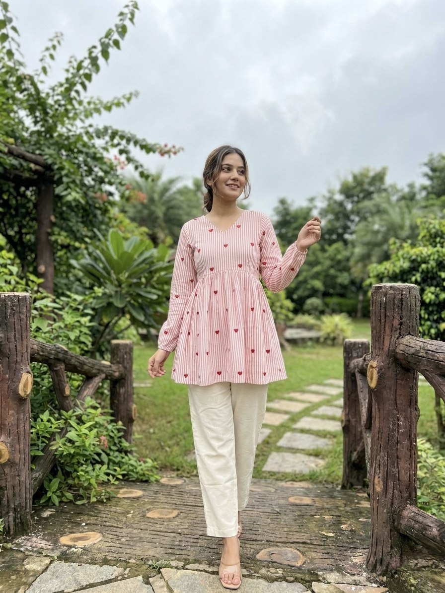 Lorenvalley Fashion Pink Cotton with Heart Embroidered work Top Bottom Set | Grocsy