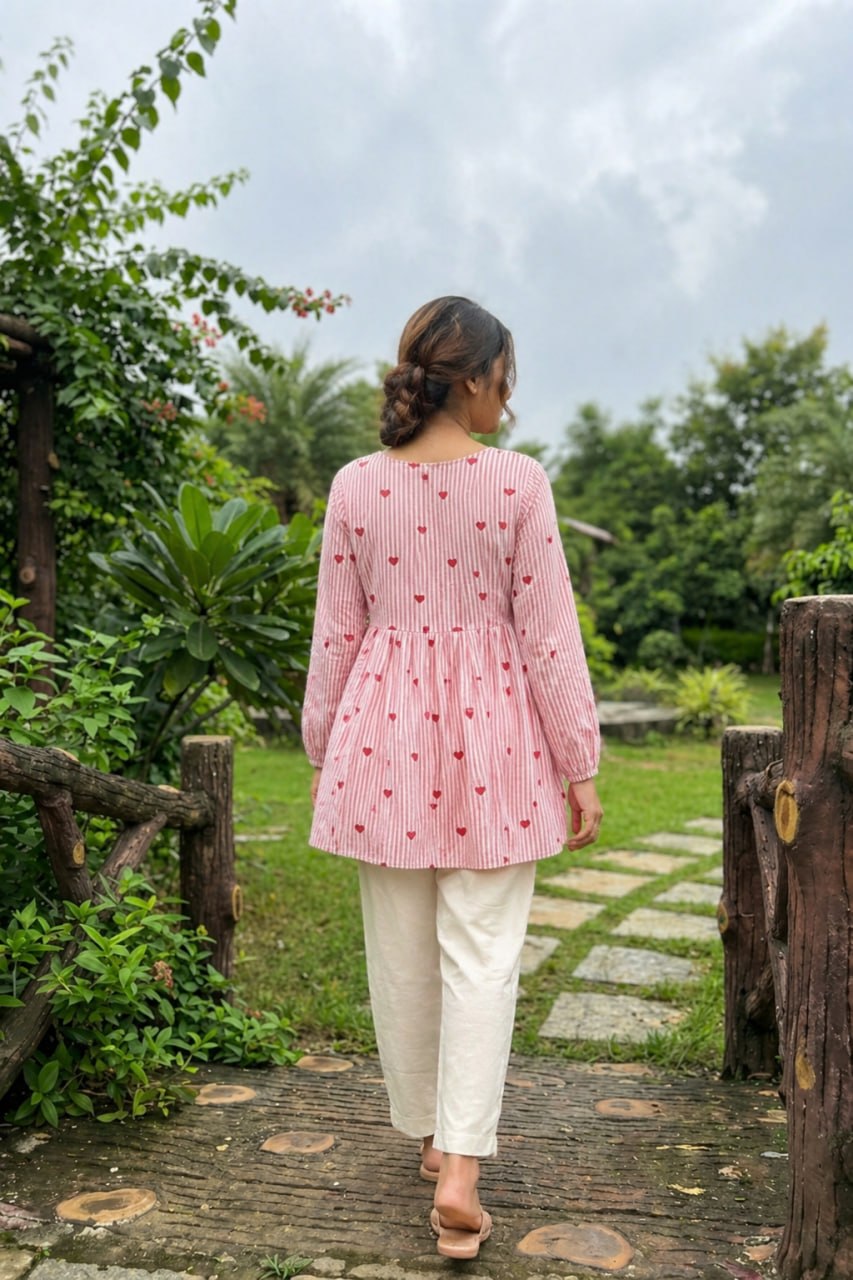 Lorenvalley Fashion Pink Cotton with Heart Embroidered work Top Bottom Set | Grocsy
