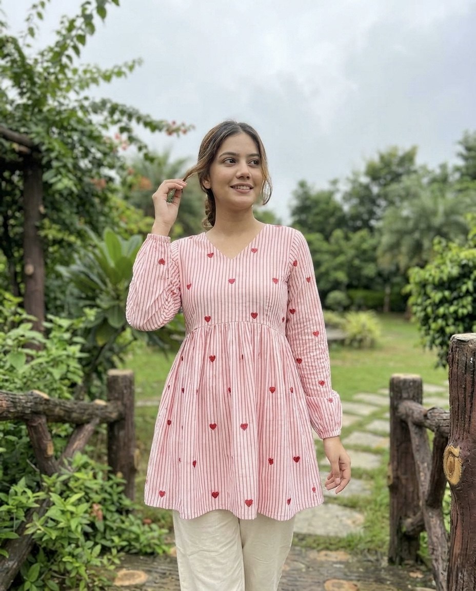 Lorenvalley Fashion Pink Cotton with Heart Embroidered work Top Bottom Set | Grocsy