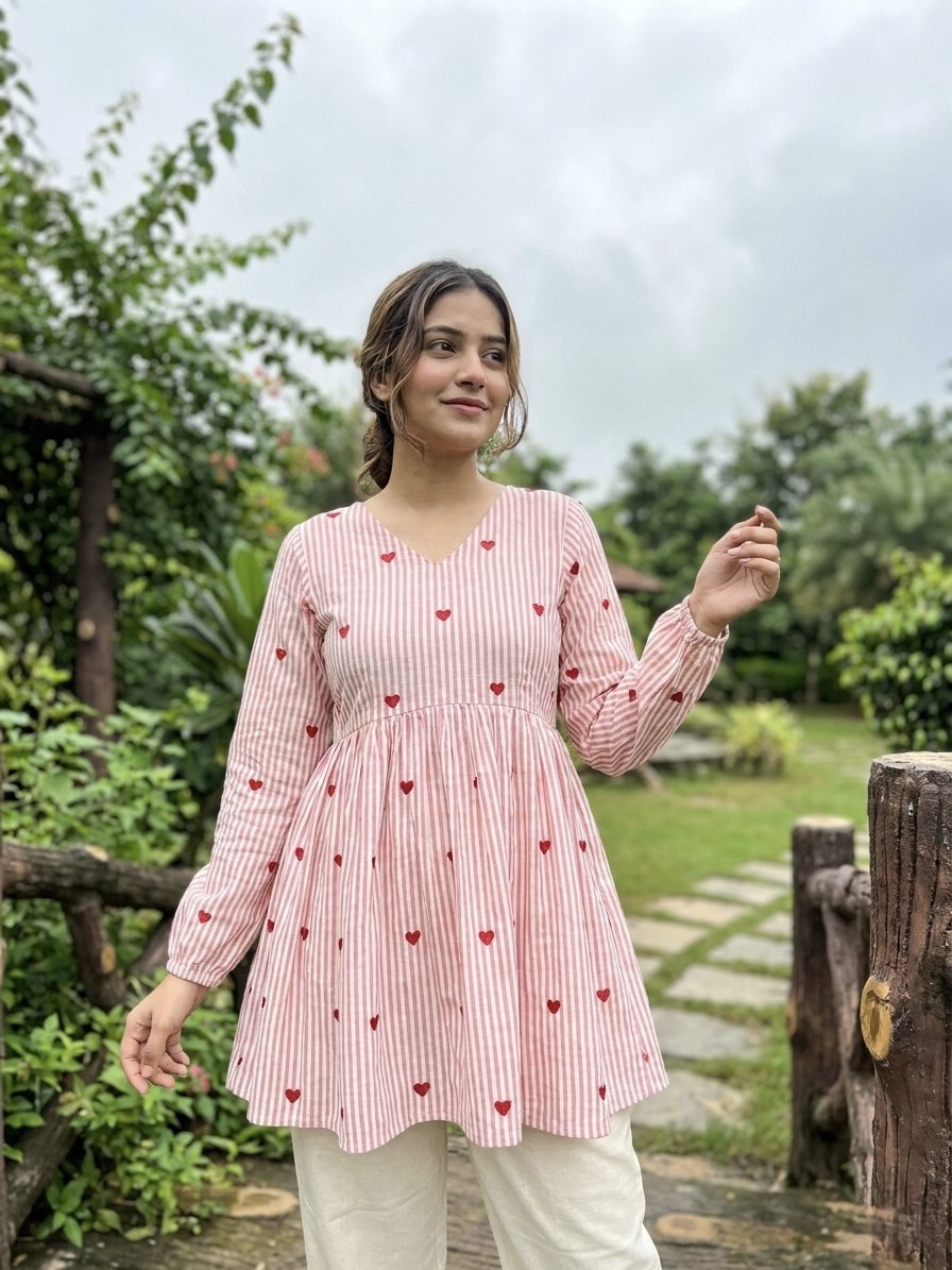 Lorenvalley Fashion Pink Cotton with Heart Embroidered work Top Bottom Set | Grocsy
