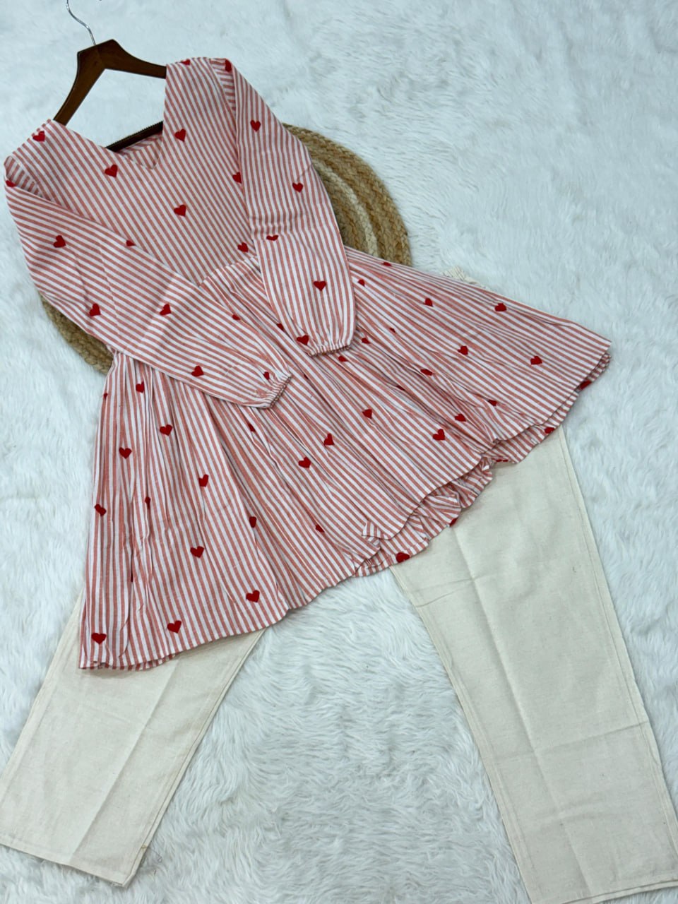 Lorenvalley Fashion Pink Cotton with Heart Embroidered work Top Bottom Set | Grocsy