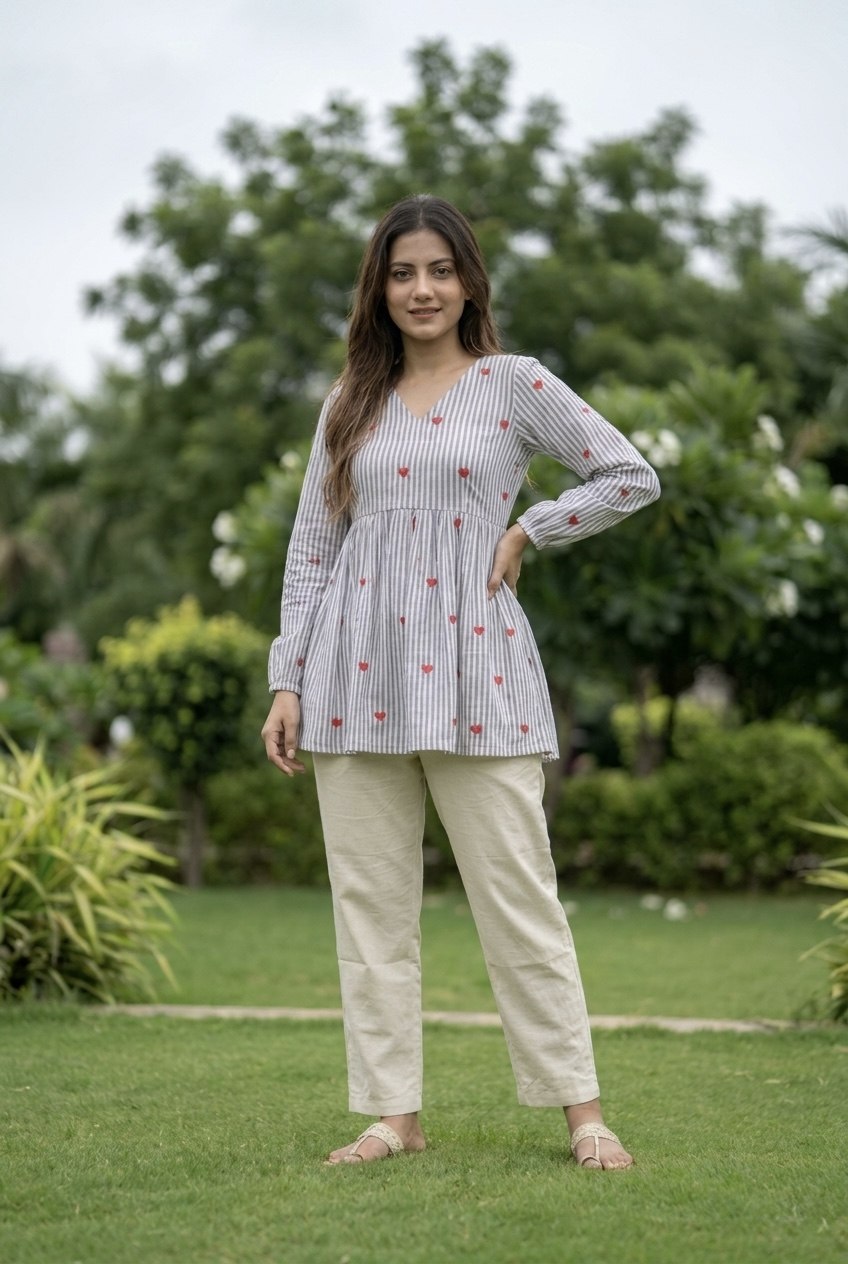 Lorenvalley Fashion Skyblue Cotton with Heart Embroidered work Top Bottom Set | Grocsy