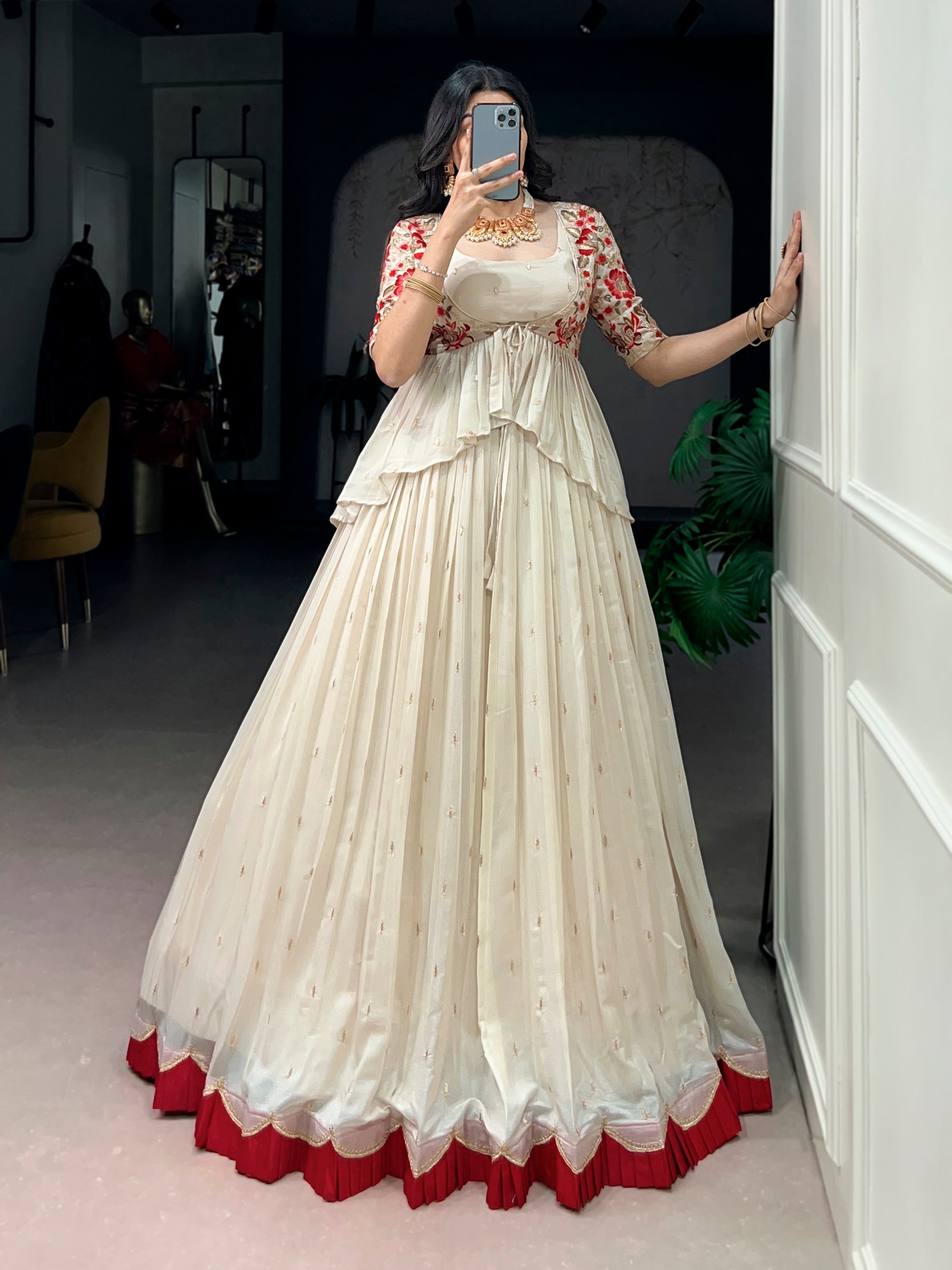 Lorenvalley Fashion Chocolate Silk Sequins and Thread Embroidery Work Lehenga Choli with Coat | Grocsy