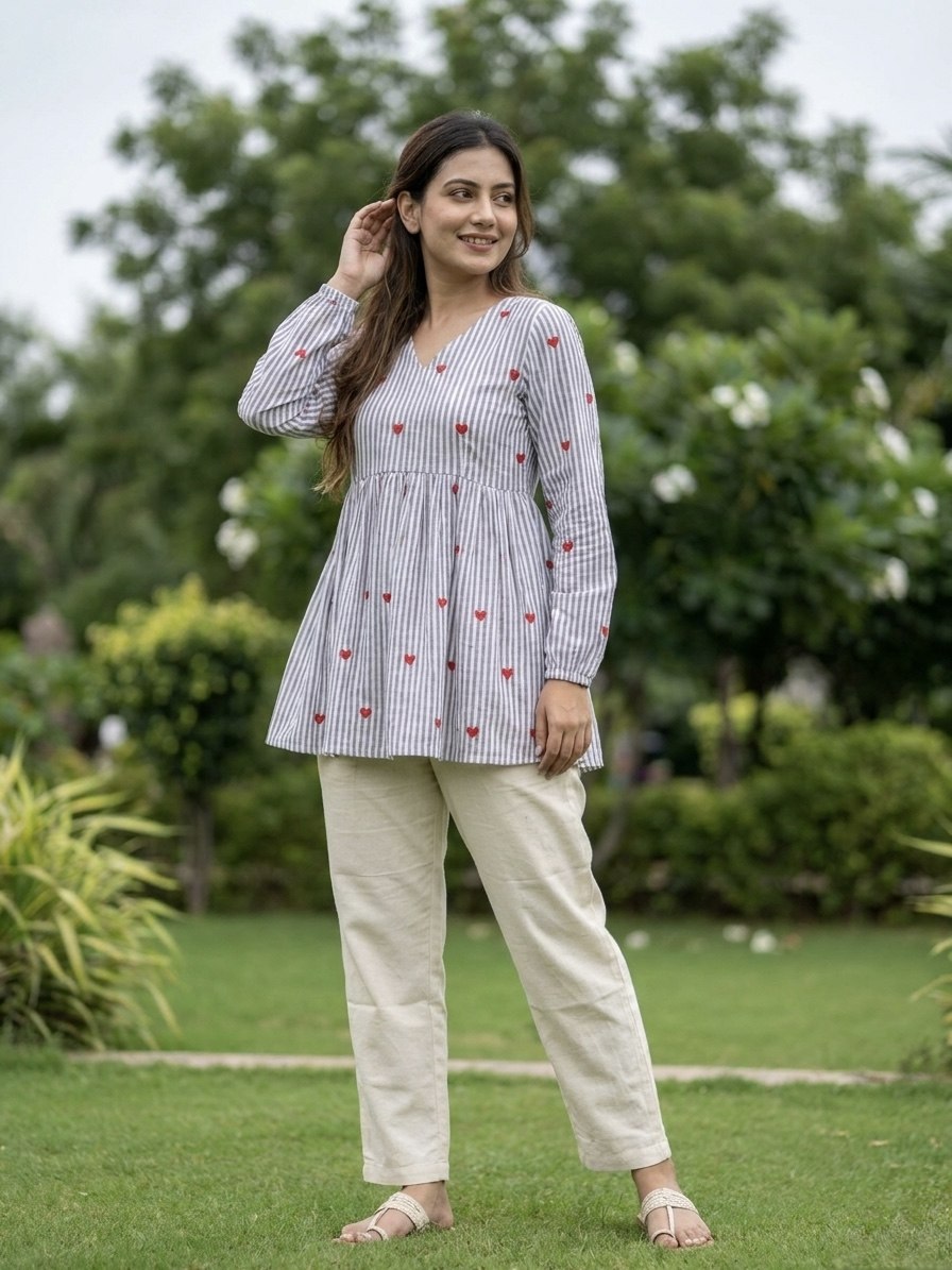 Lorenvalley Fashion Skyblue Cotton with Heart Embroidered work Top Bottom Set | Grocsy