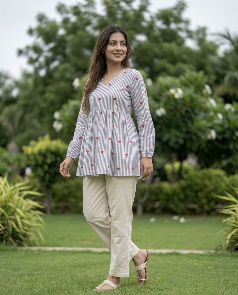 Lorenvalley Fashion Skyblue Cotton with Heart Embroidered work Top Bottom Set | Grocsy
