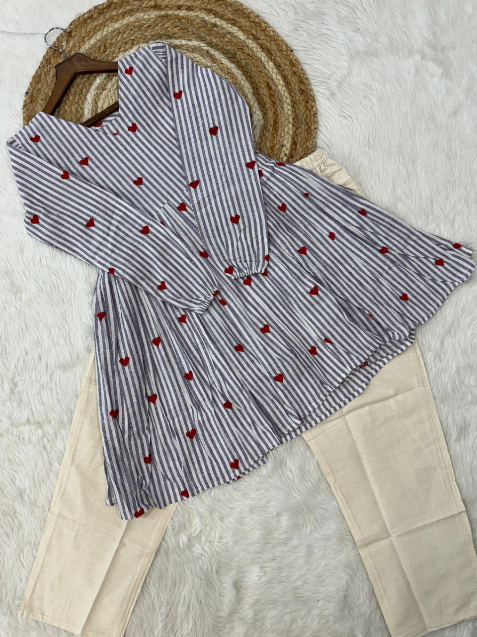 Lorenvalley Fashion Skyblue Cotton with Heart Embroidered work Top Bottom Set | Grocsy