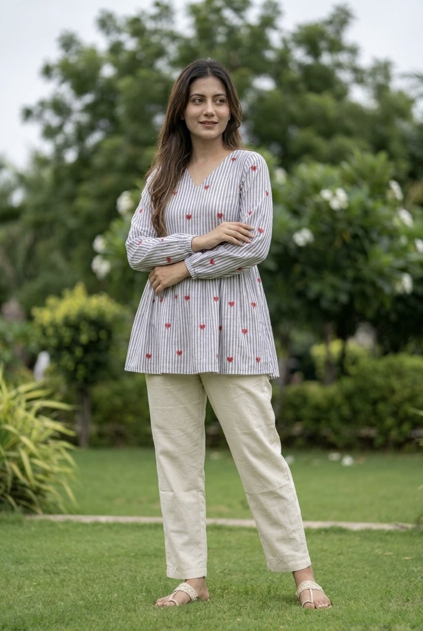 Lorenvalley Fashion Skyblue Cotton with Heart Embroidered work Top Bottom Set | Grocsy