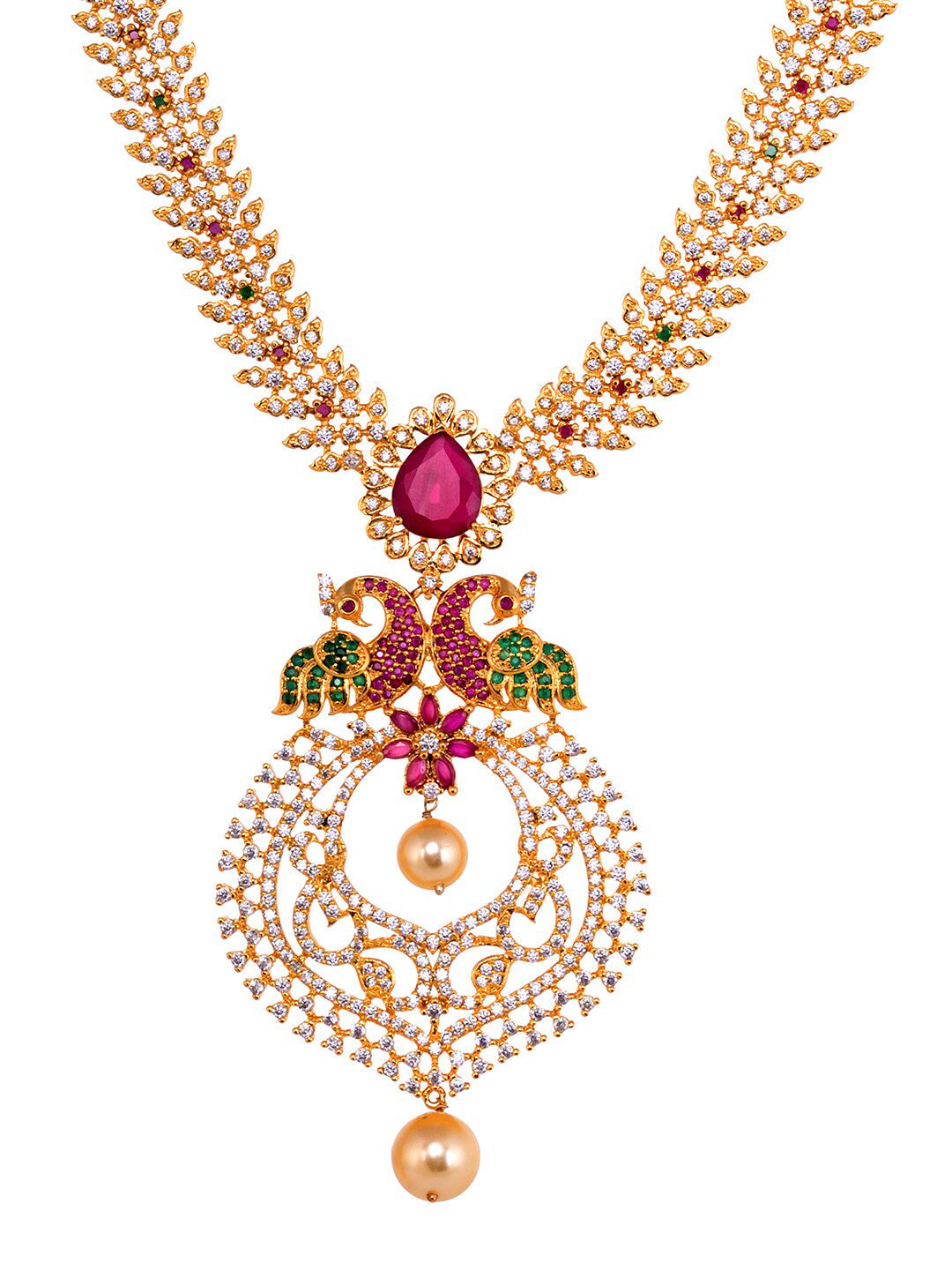 Saraf RS Jewellery Gold-Polished Green & Pink American Diamond Studded & Beaded Handcrafted Jewellery Set | Grocsy