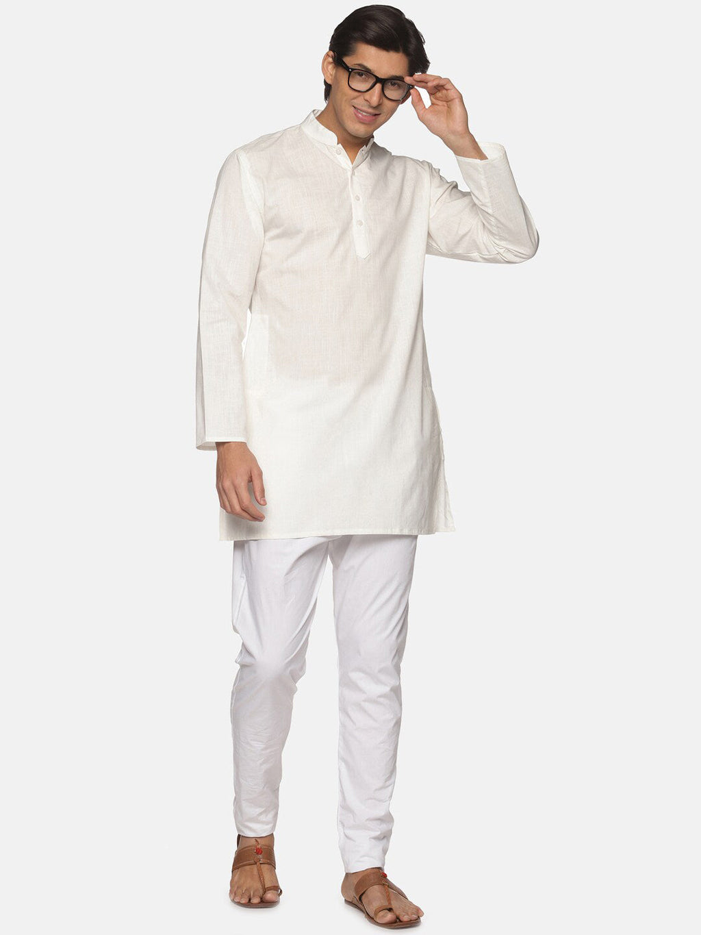 Sethukrishna Men Cream-Coloured Pure Cotton Kurta with Pyjamas | Grocsy