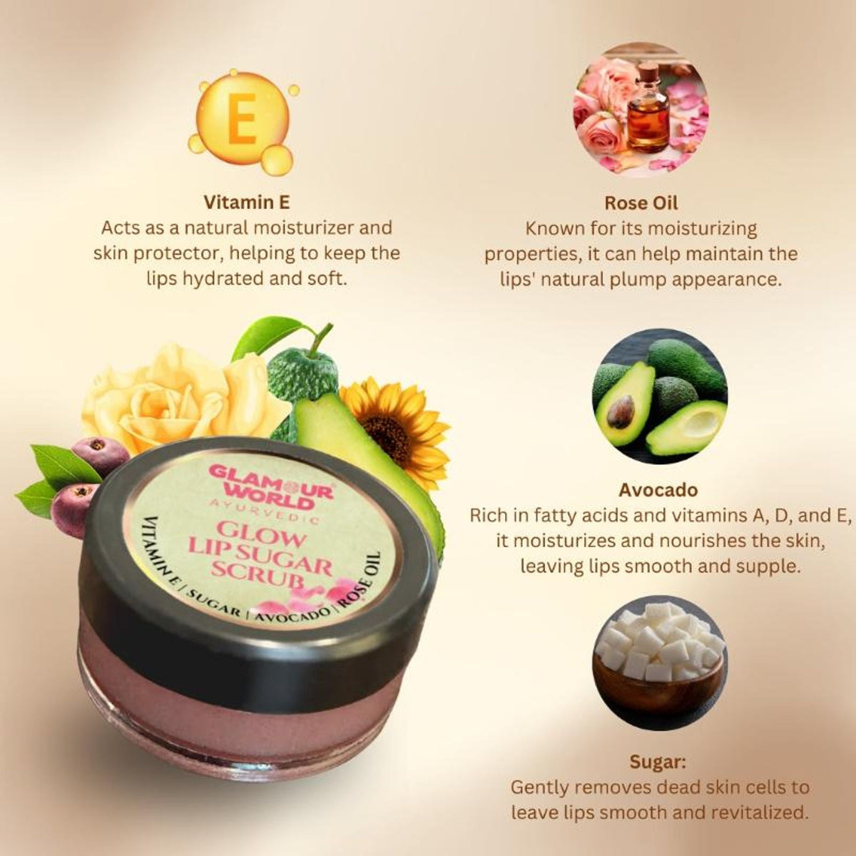 GLAMOUR WORLD AYURVEDIC Glow Lip Sugar Scrub | Grocsy