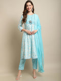 Sangria White & Blue Floral Printed Mirror Work A-Line Kurta With Trouser & Dupatta | Grocsy