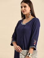All About You Women Navy Blue Embroidered Kurta with Trousers | Grocsy