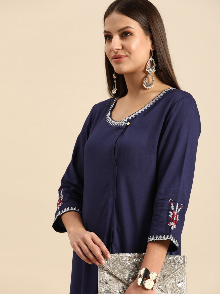 All About You Women Navy Blue Embroidered Kurta with Trousers | Grocsy