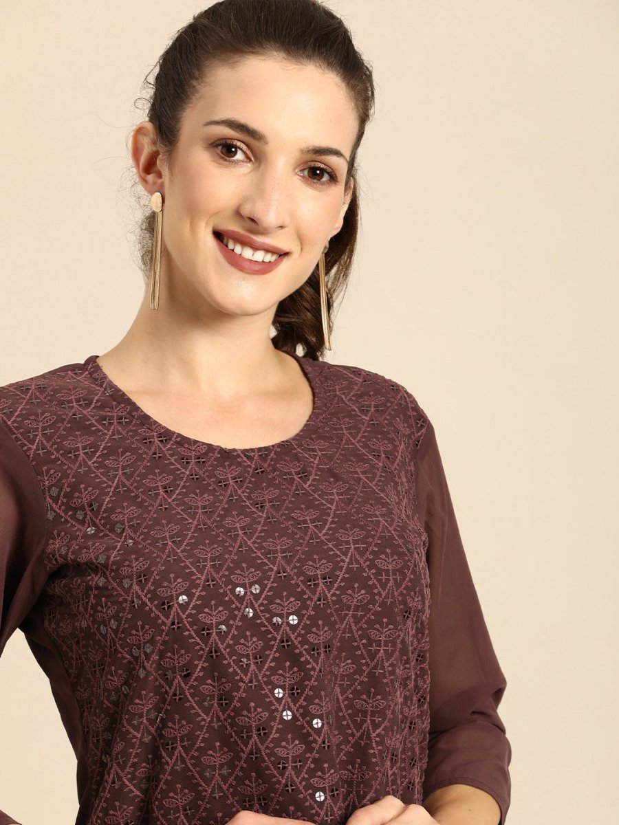 All About You Women Brown Ethnic Motifs Embroidered Regular Chikankari Kurta with Palazzos | Grocsy