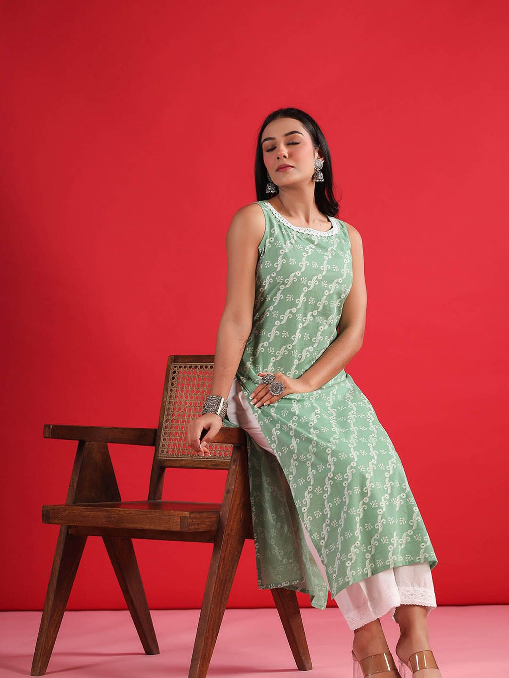 Indo Era Geometric Printed Round Neck Sleeveless Gotta Patti Cotton Straight Kurta | Grocsy