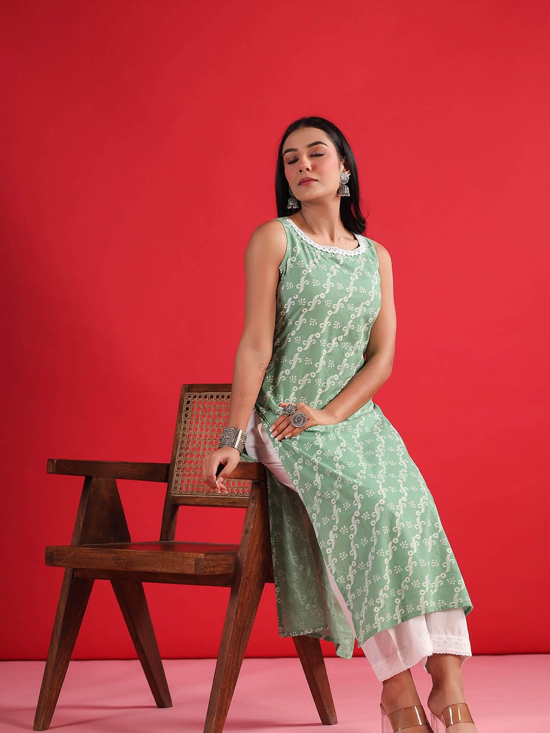 Indo Era Geometric Printed Round Neck Sleeveless Gotta Patti Cotton Straight Kurta | Grocsy