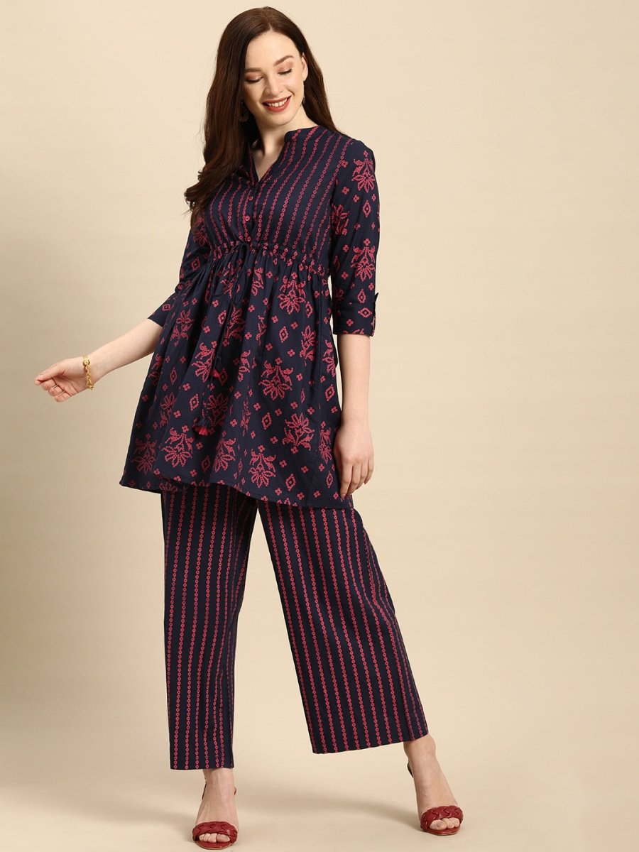 All About You Women Blue & Pink Bandhani Printed Pleated Kurti with Palazzos | Grocsy