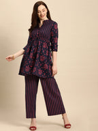 All About You Women Blue & Pink Bandhani Printed Pleated Kurti with Palazzos | Grocsy
