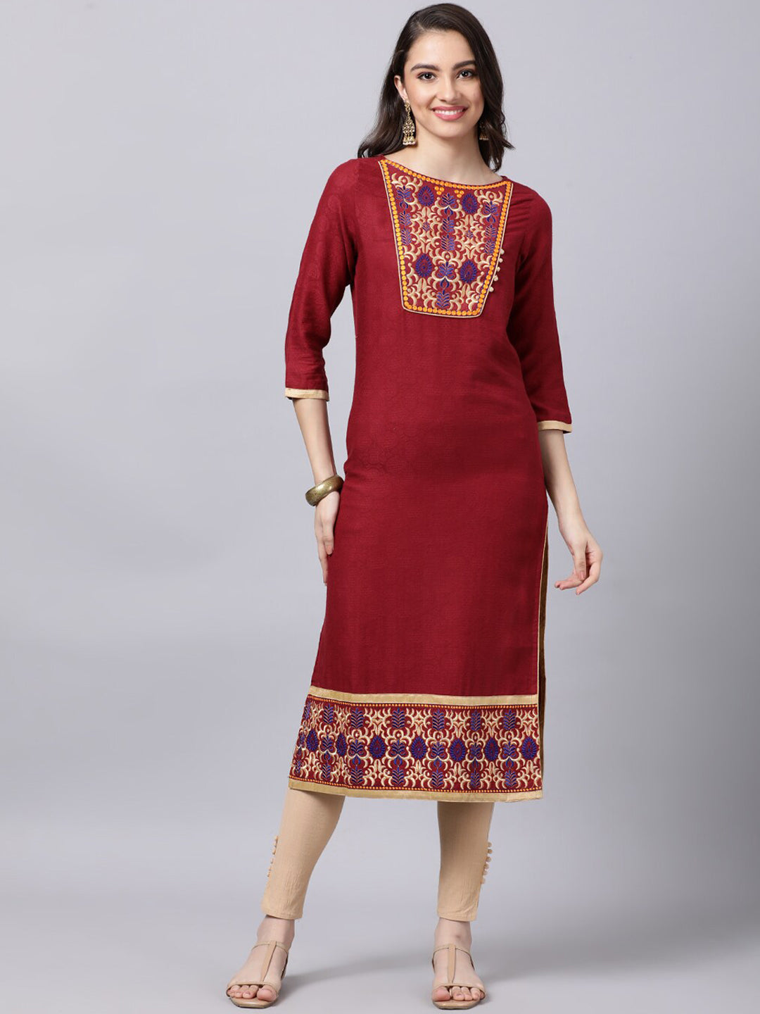 Souchii Maroon & Yellow Thread Work Grandeur & Majestic Artwork Cotton Kurta | Grocsy