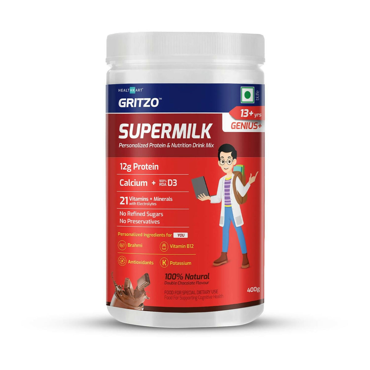 Gritzo Supermilk Genius+ Health Drink For 13+Y Boys - Double Chocolate | Grocsy