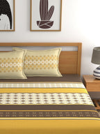 Home Ecstasy Mustard & White Ethnic Motifs 140 TC King Bedsheet with 2 Pillow Covers | Grocsy