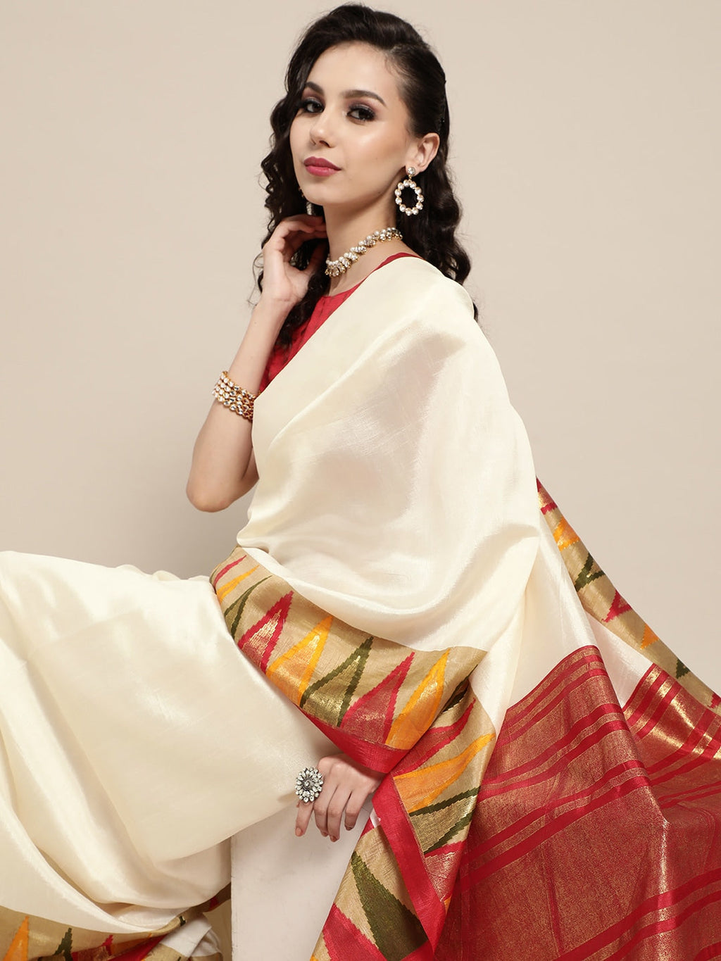 Saree Mall Off White Solid Chanderi Sarees | Grocsy