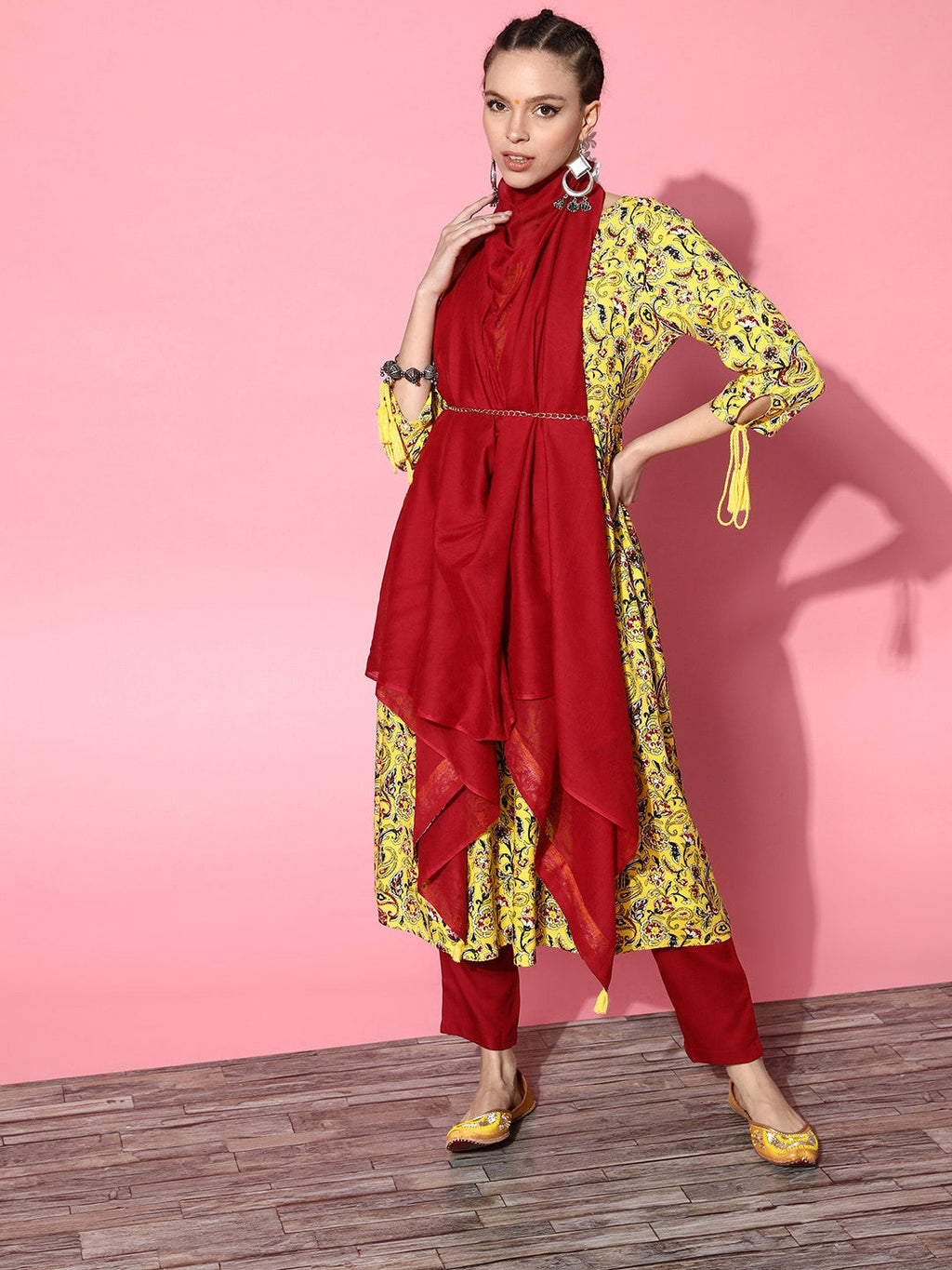 HERE&NOW Yellow & Red Ethnic Motifs Print Parade Anarkali Kurta with Trousers & Dupatta | Grocsy