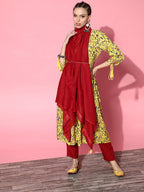 HERE&NOW Yellow & Red Ethnic Motifs Print Parade Anarkali Kurta with Trousers & Dupatta | Grocsy