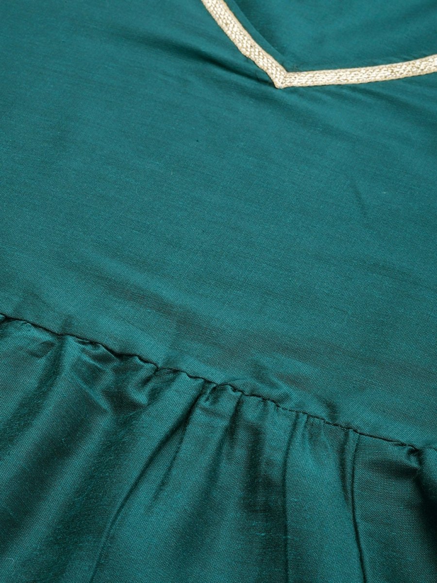 All About You Women Teal Green Solid V-Neck Anarkali Kurta with Trousers & Dupatta | Grocsy