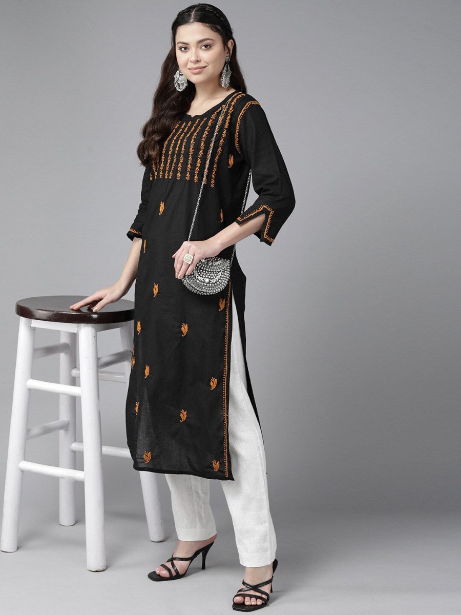 ADA Ethnic Motifs Embroidered Chikankari Cotton Straight Kurta | Grocsy