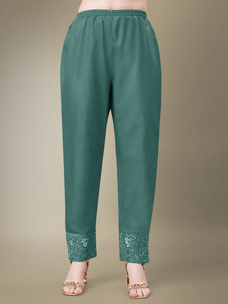 Jyoti Fashion Women's Teal Cotton Blend Embroidery & Fancy Lace work Kurta with Trouser & Dupatta | Grocsy