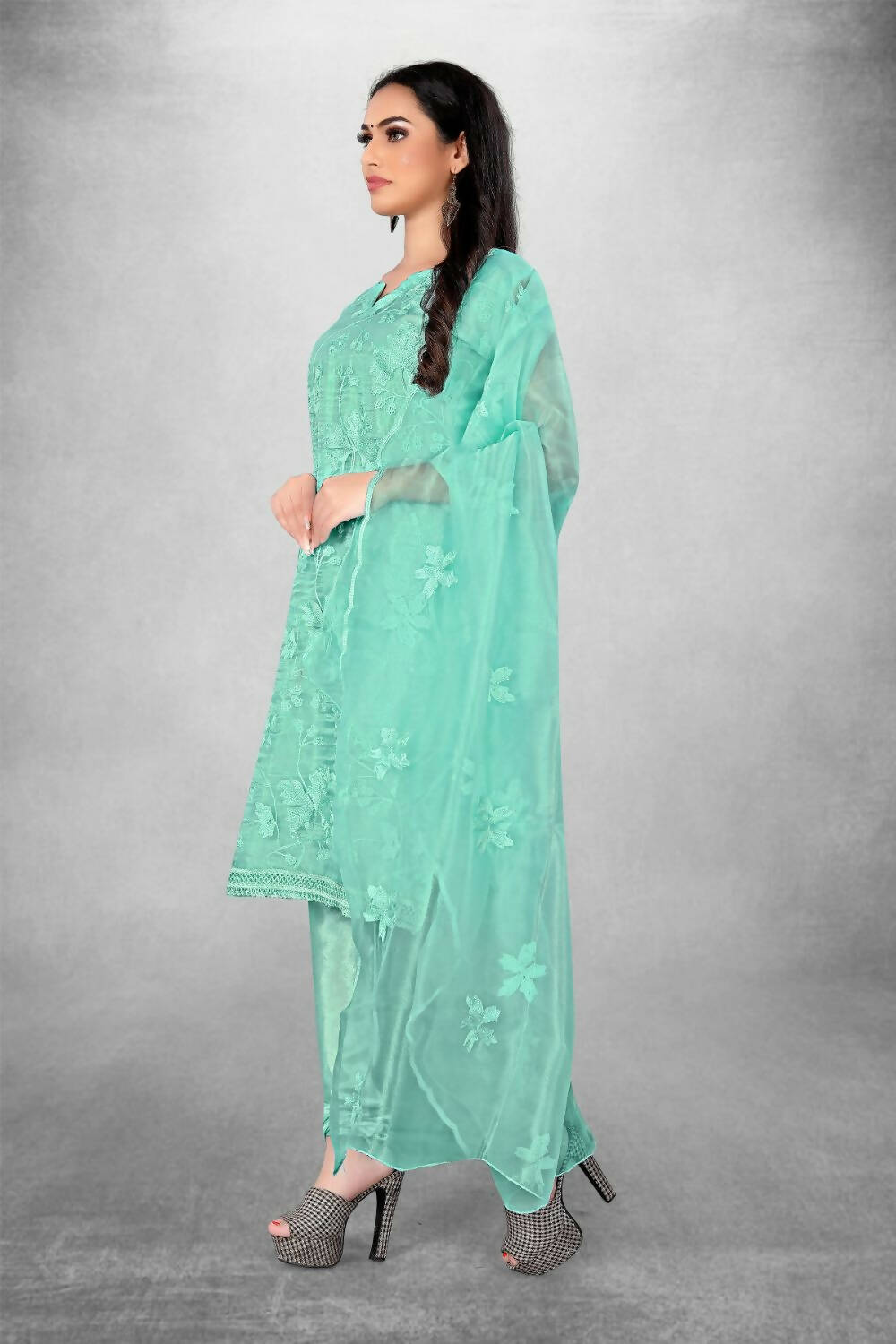Sky Blue Heavy Organza Silk Embroidered Unstitched Dress Material - Amara | Grocsy