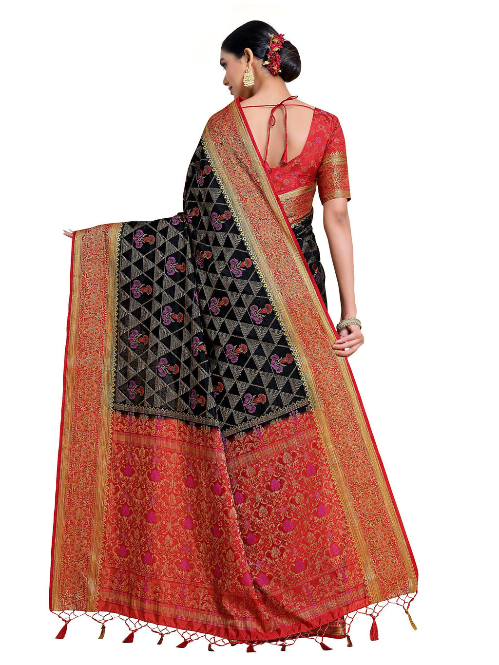 Mimosa Women's Kanjivaram Art Silk Black Saree | Grocsy