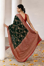 Joban Fashion Green Crepe Chiffon Pure Handloom Banarasi Silk Saree | Grocsy
