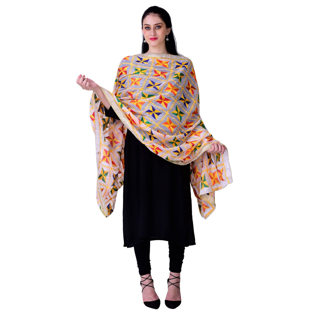 SWI Stylish Women's Embroidered Phulkari Chiffon White Dupatta | Grocsy