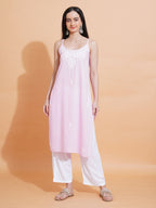 Pahnaz Luxury Rayon Chikankari Sleeveless Long Kurti-Pink | Grocsy