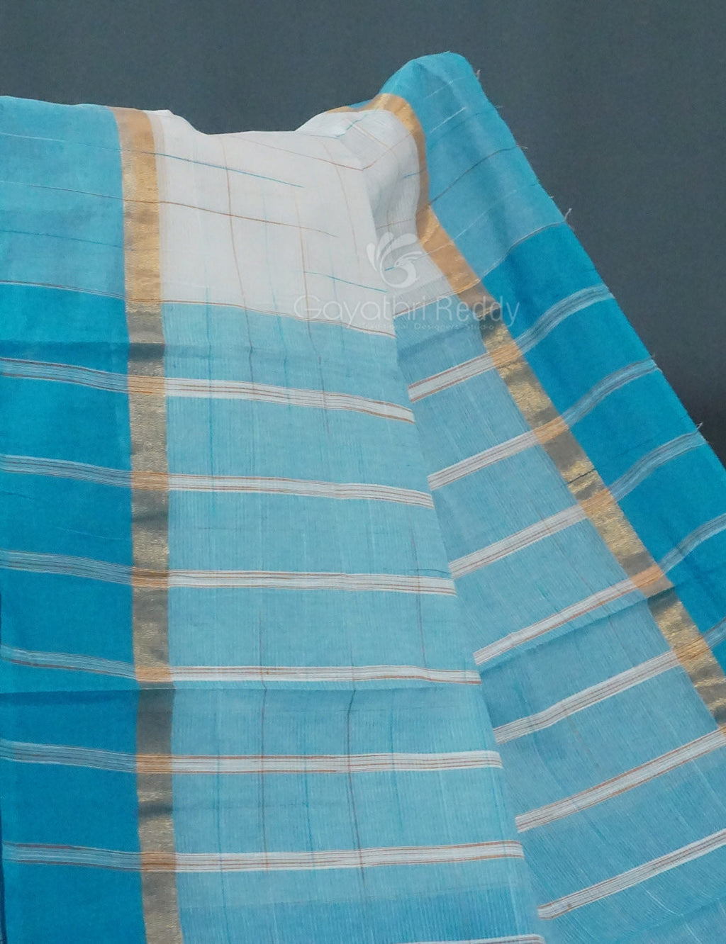 Dual Shade of Milk White And Sky Blue Pure Mangalgiri Cotton By Gayathri Reddy Designer Studio | Grocsy
