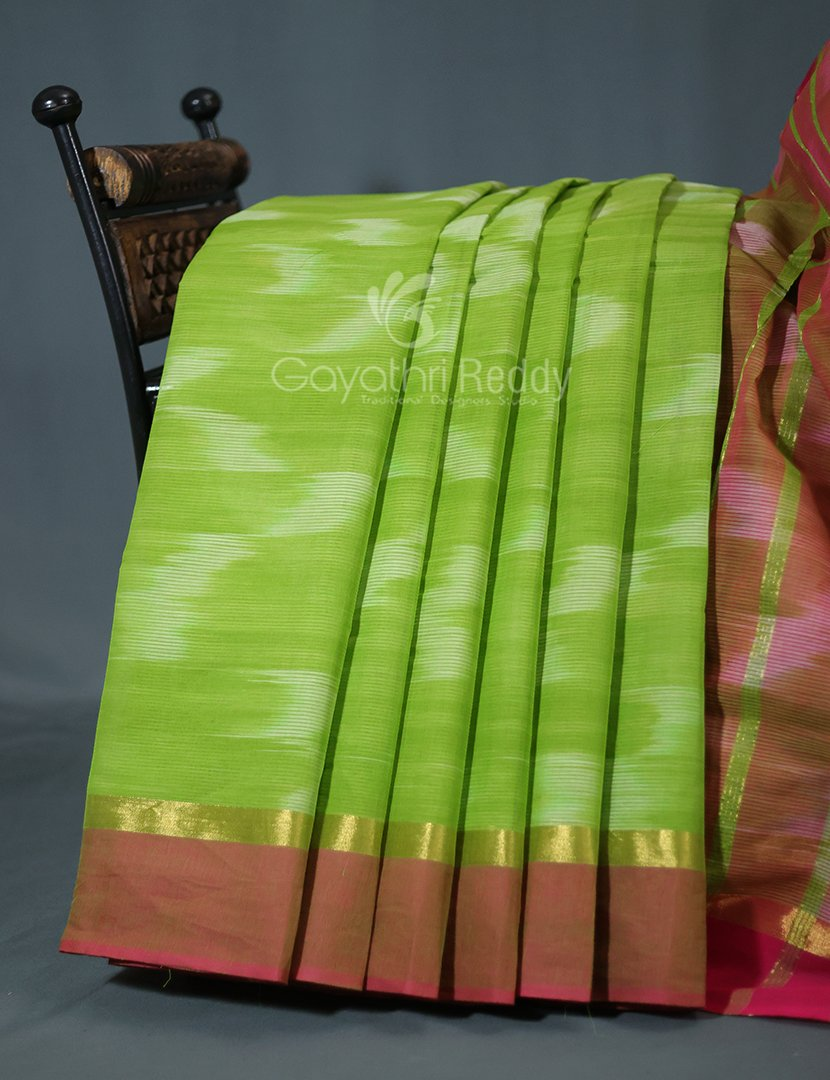 Dual Shades of Parrot Green And Pink Mangalagiri Ikkat Cotton Saree By Gayathri Reddy Designer Studio | Grocsy