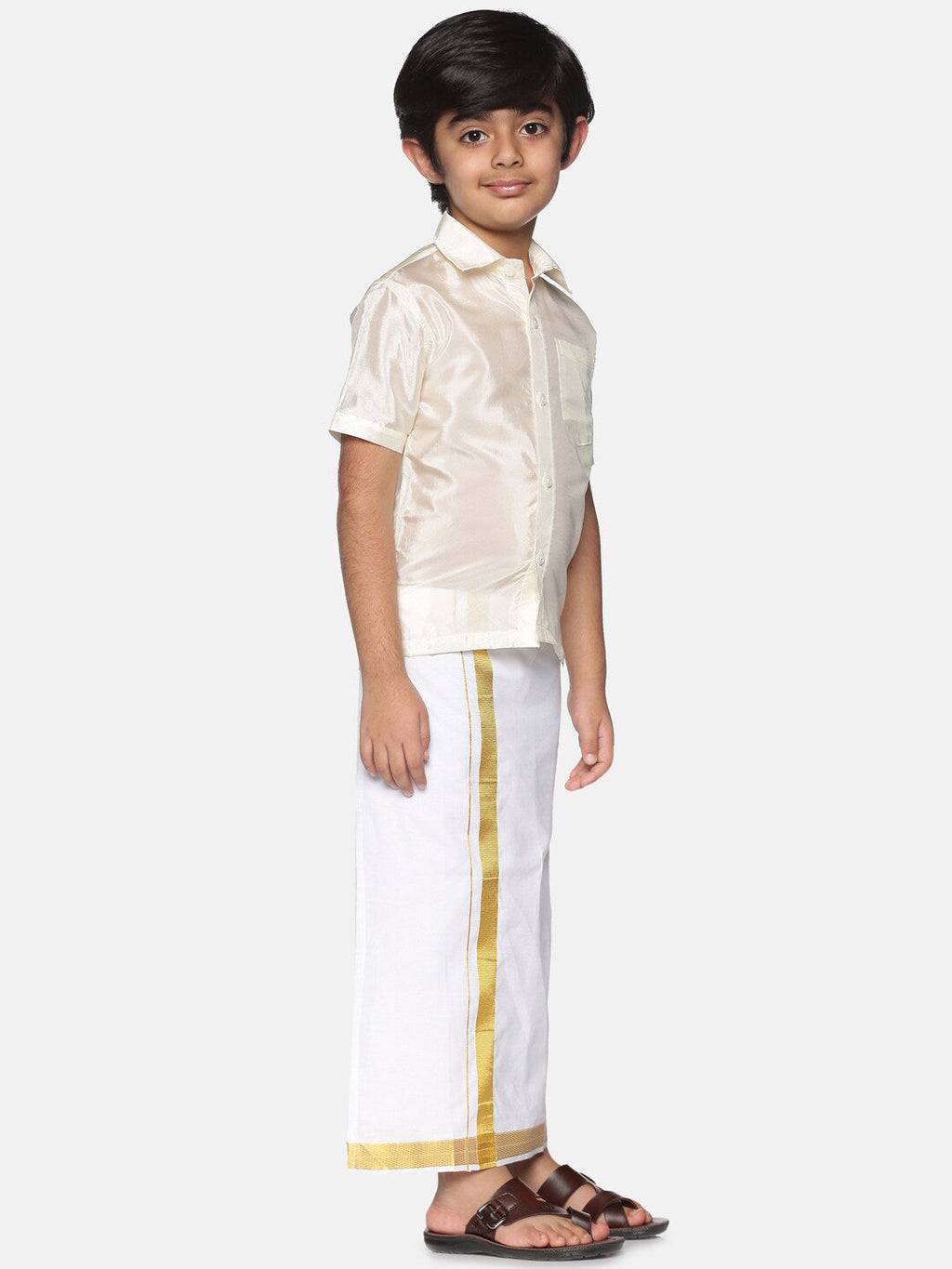 Sethukrishna Boys Cream-Coloured & Gold-Toned Shirt with Dhoti Set | Grocsy