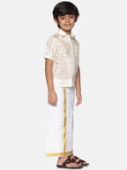 Sethukrishna Boys Cream-Coloured & Gold-Toned Shirt with Dhoti Set | Grocsy