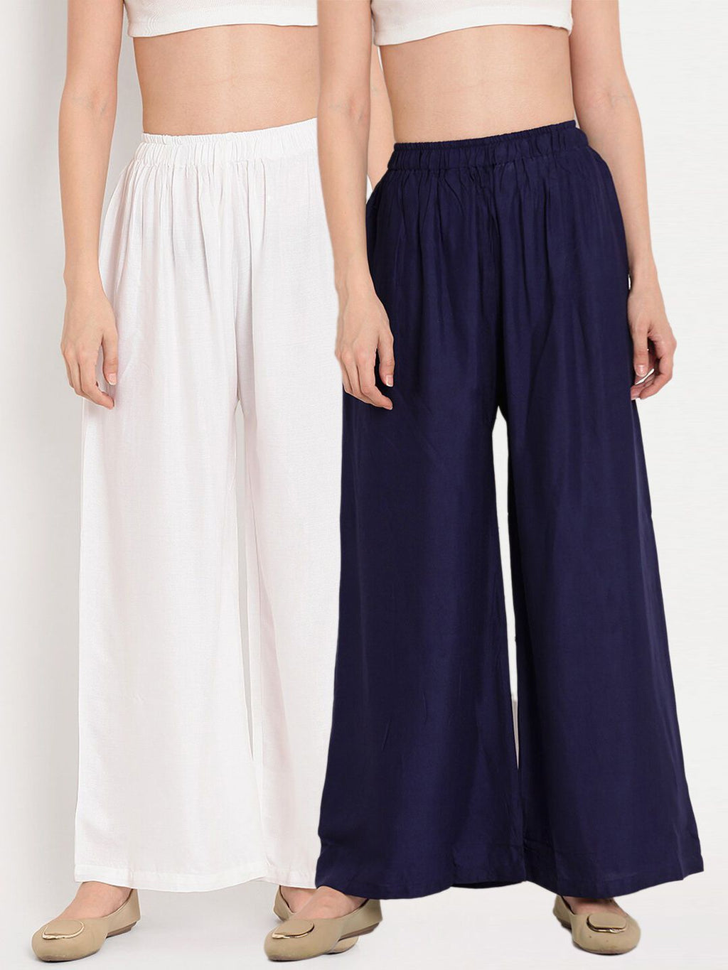 TAG 7 Women White & Navy Blue Set of 2 Flared Ethnic Palazzos | Grocsy