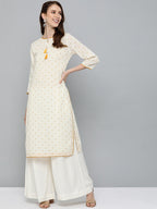 HERE&NOW Women Off-White & Mustard Yellow Geometric Printed Straight Kurta | Grocsy