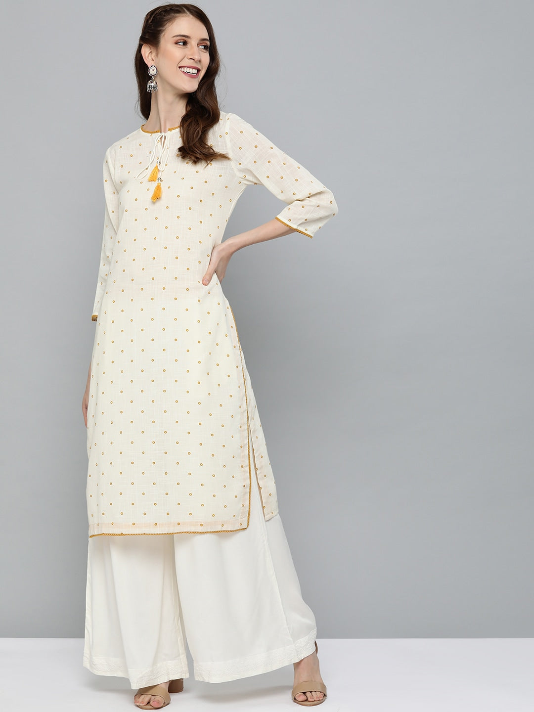 HERE&NOW Women Off-White & Mustard Yellow Geometric Printed Straight Kurta | Grocsy