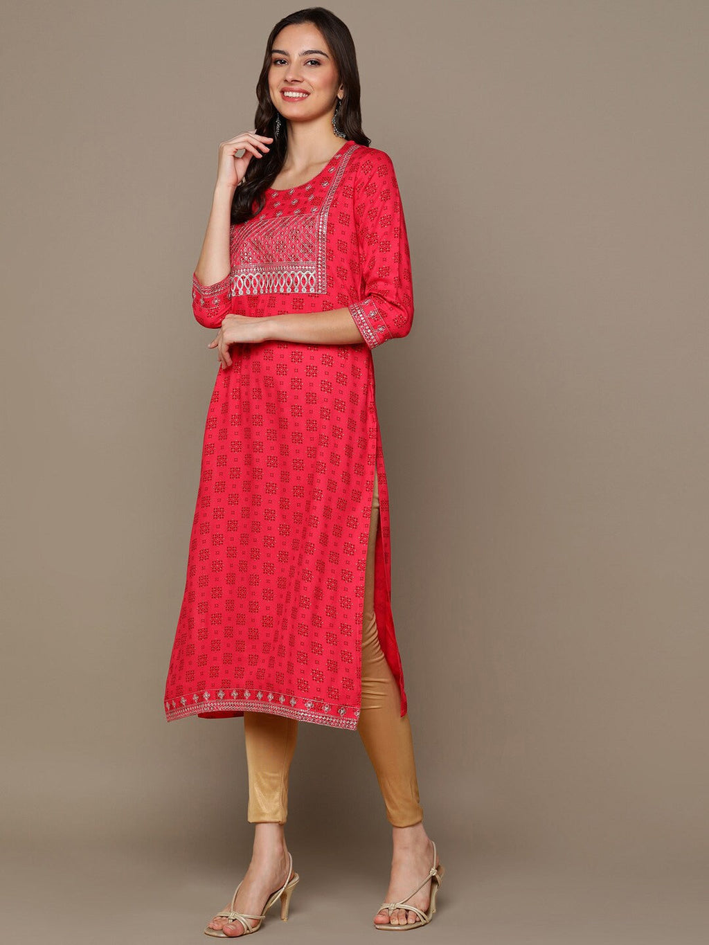 HERE&NOW Ethnic Motifs Printed Sequined Embroidered Straight Kurta | Grocsy