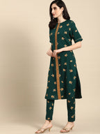 All About You Women Green & Brown Floral Printed Regular Pure Cotton Kurta with Trousers | Grocsy